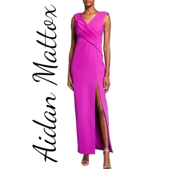 NWT AIDAN MATTOX Draped Sheath Evening Gown Fuchsia Magenta V-Neck, Size 2 - Picture 4 of 14